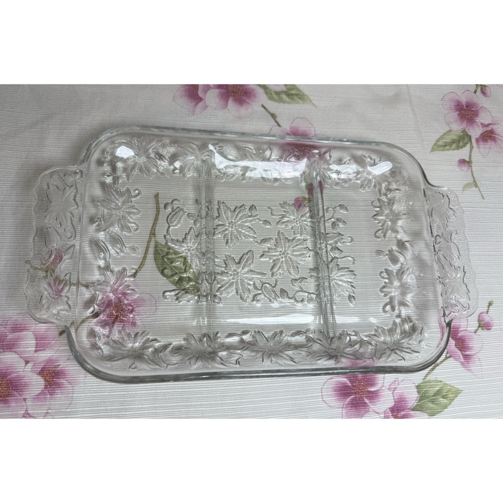Vintage Clear Pressed Glass Divided Relish Tray Floral 3 Section 12.5"